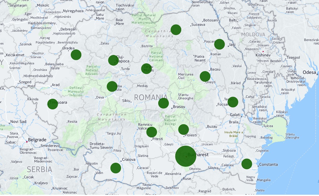 En karta som visar samtliga av den rumänska ombudspersonens filialkontor.